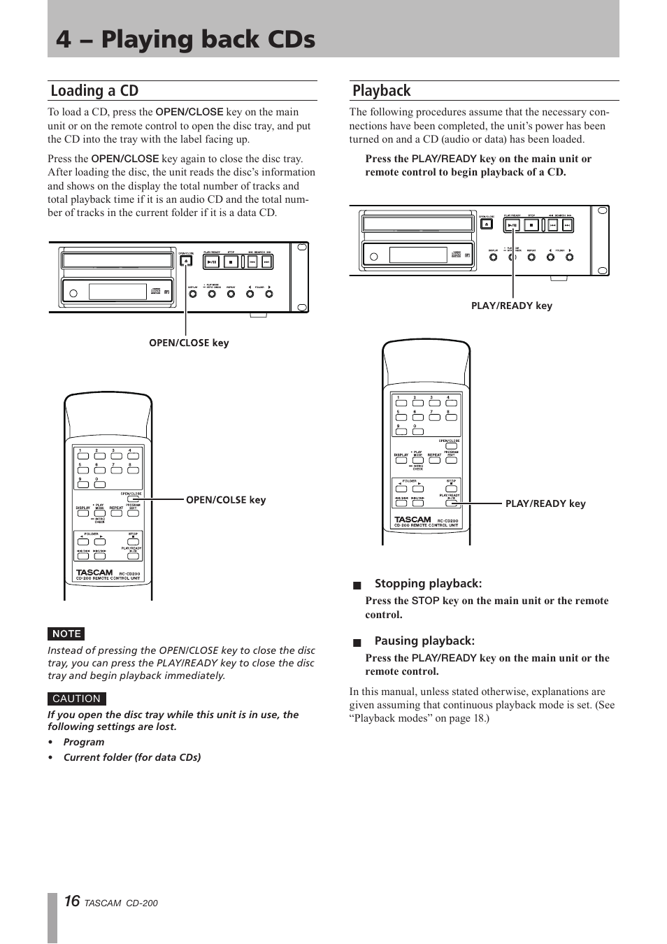 Loading a cd, Playback, Loading a cd playback | 4 − playing back cds | Teac CD-200 Rev.C User Manual | Page 16 / 28