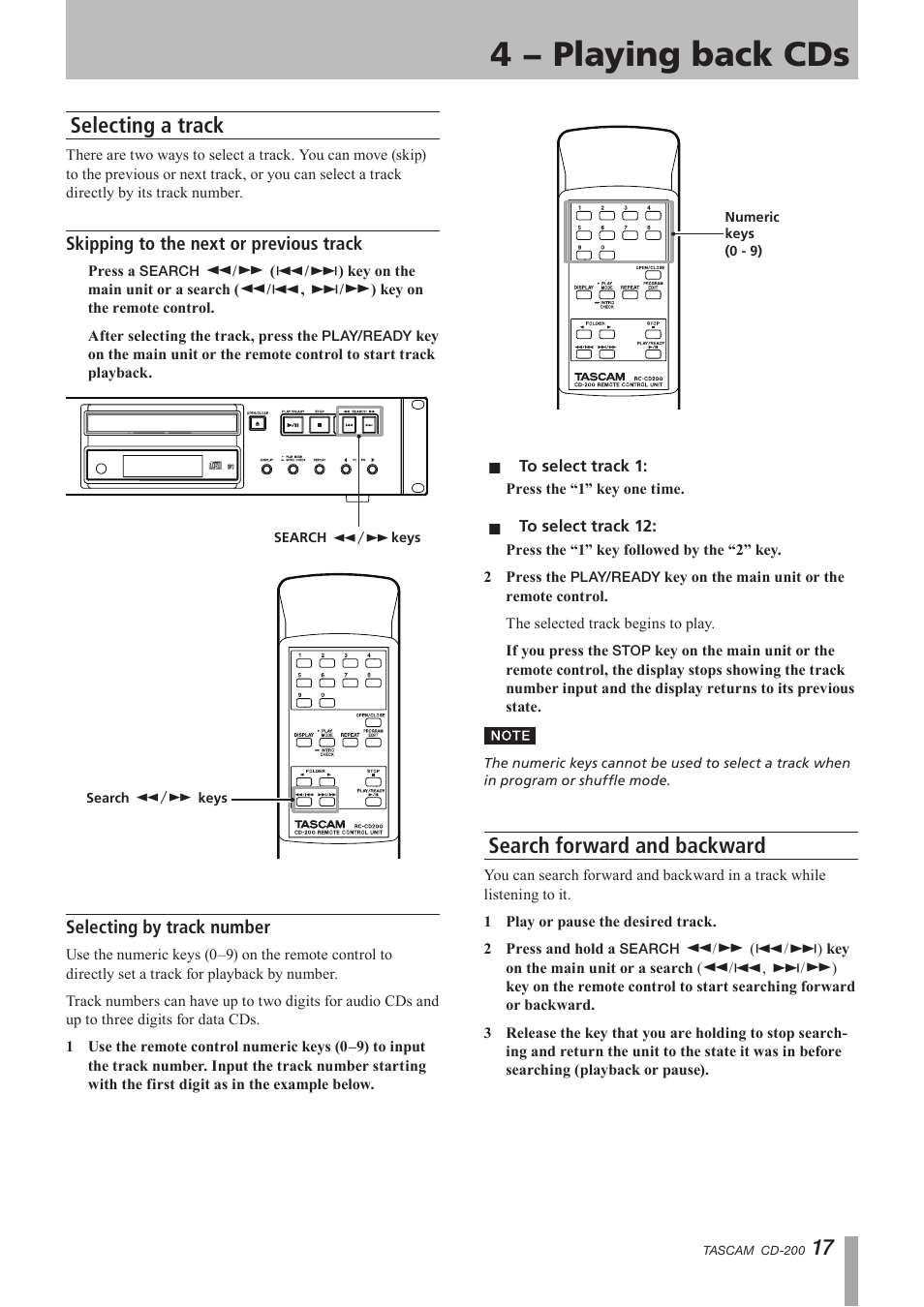 Selecting a track, Skipping to the next or previous track, Selecting by track number | Search forward and backward, 4 − playing back cds | Teac CD-200 Rev.C User Manual | Page 17 / 28