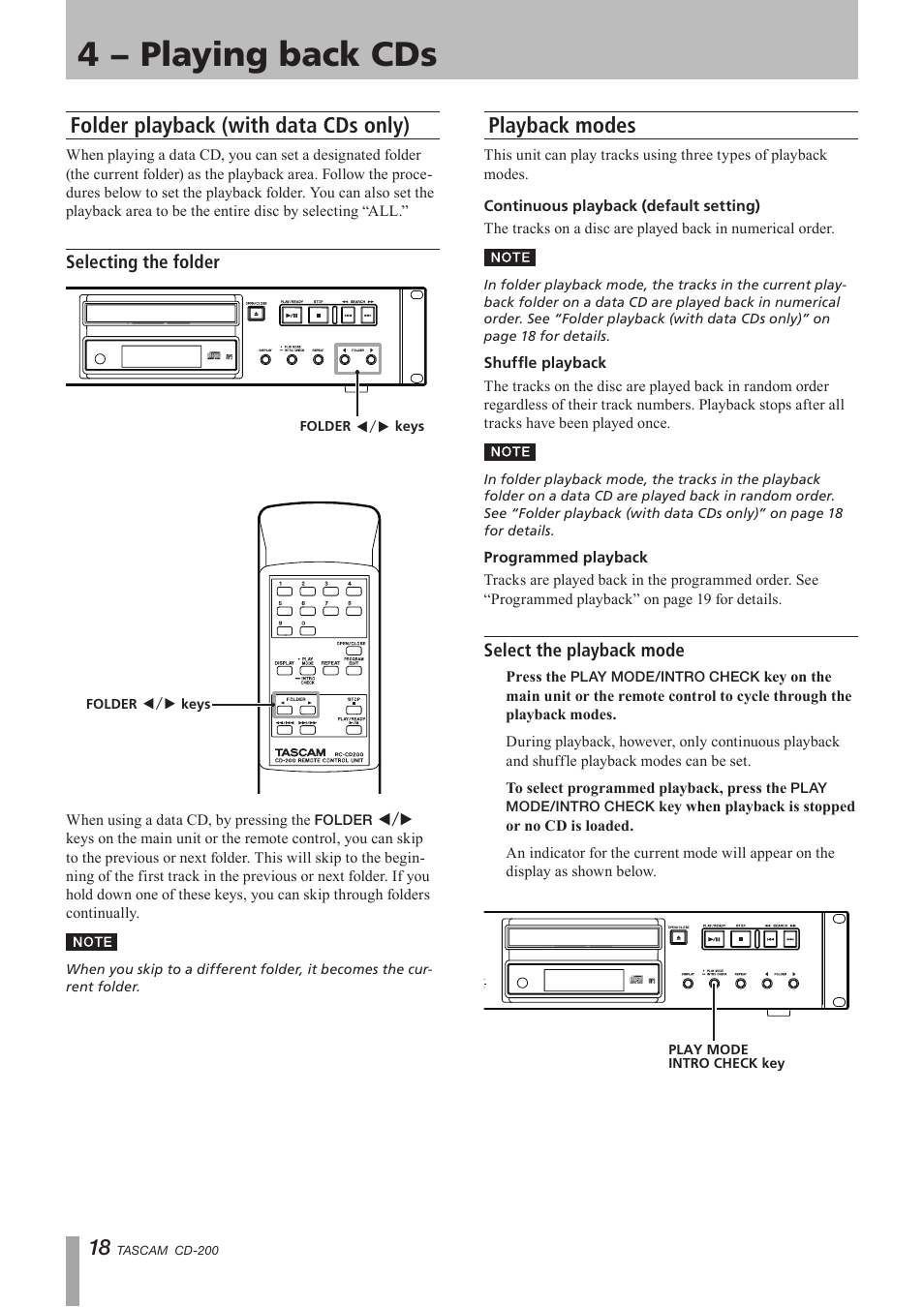 Folder playback (with data cds only), Selecting the folder, Playback modes | Select the playback mode, 4 − playing back cds | Teac CD-200 Rev.C User Manual | Page 18 / 28