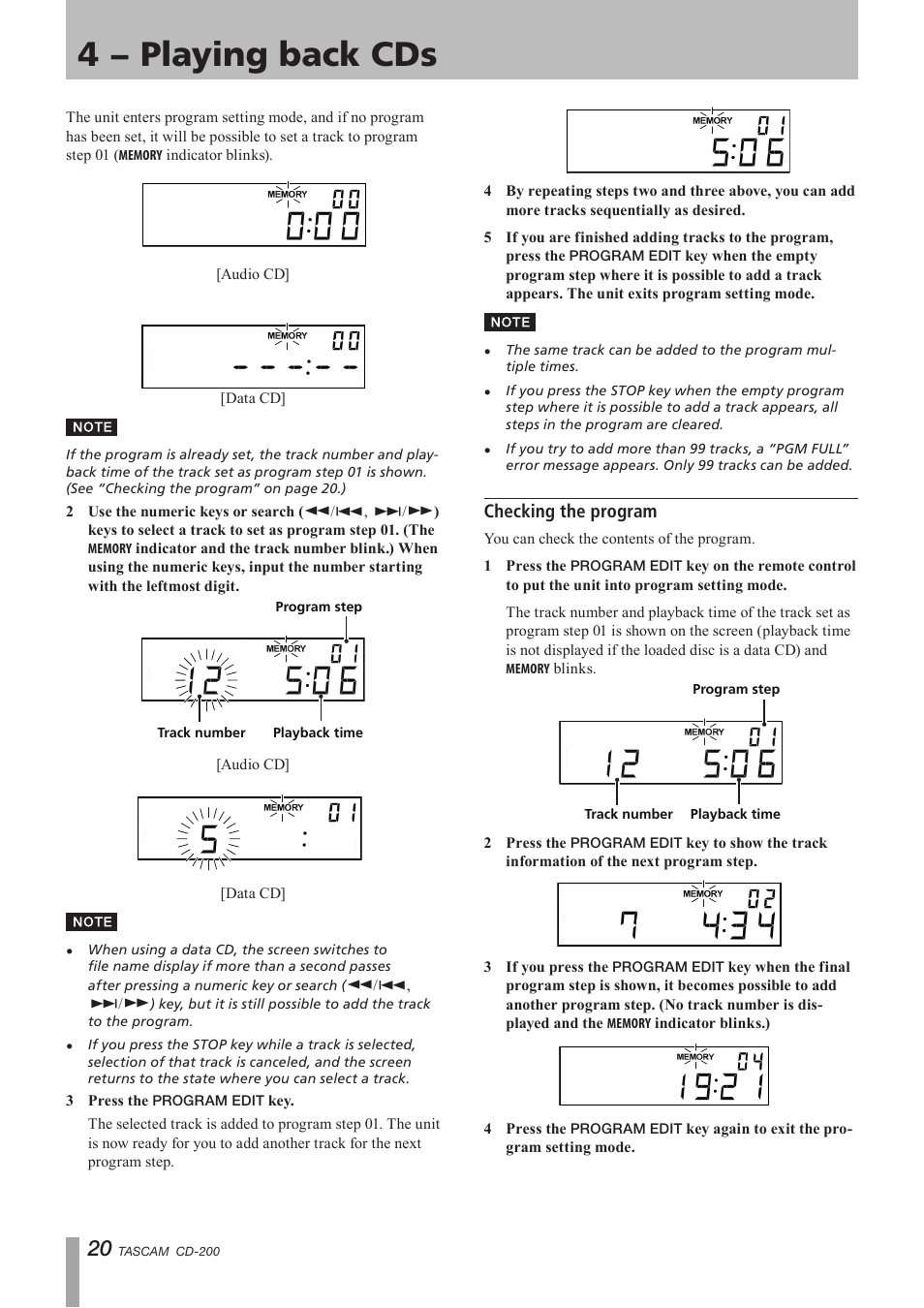 Checking the program, 4 − playing back cds | Teac CD-200 Rev.C User Manual | Page 20 / 28