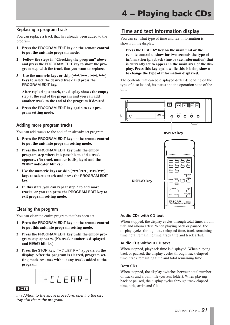 Replacing a program track, Adding more program tracks, Clearing the program | Time and text information display, 4 − playing back cds | Teac CD-200 Rev.C User Manual | Page 21 / 28