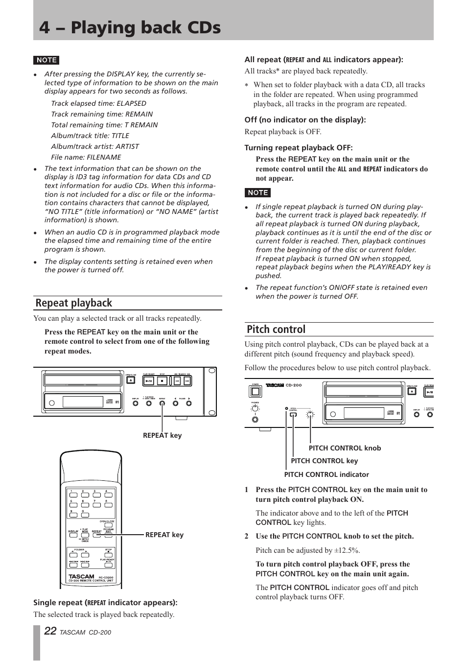 Repeat playback, Pitch control, Repeat playback pitch control | 4 − playing back cds | Teac CD-200 Rev.C User Manual | Page 22 / 28