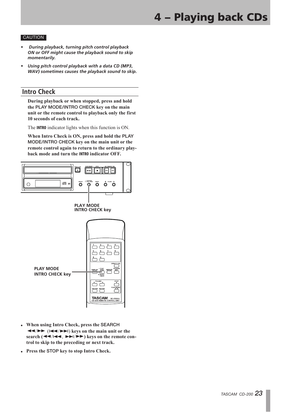 Intro check, 4 − playing back cds | Teac CD-200 Rev.C User Manual | Page 23 / 28