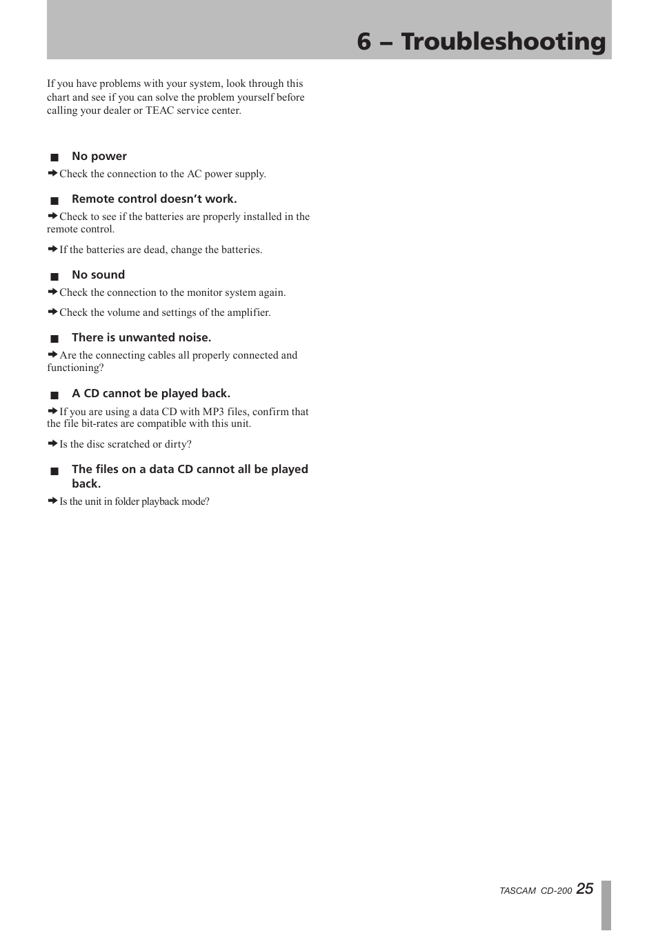 6 − troubleshooting, Important safety instructions | Teac CD-200 Rev.C User Manual | Page 25 / 28