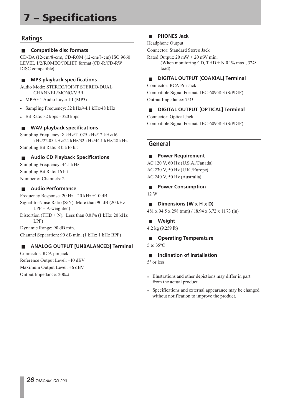 7 − specifications, Ratings, General | Ratings general, Important safety precautions | Teac CD-200 Rev.C User Manual | Page 26 / 28