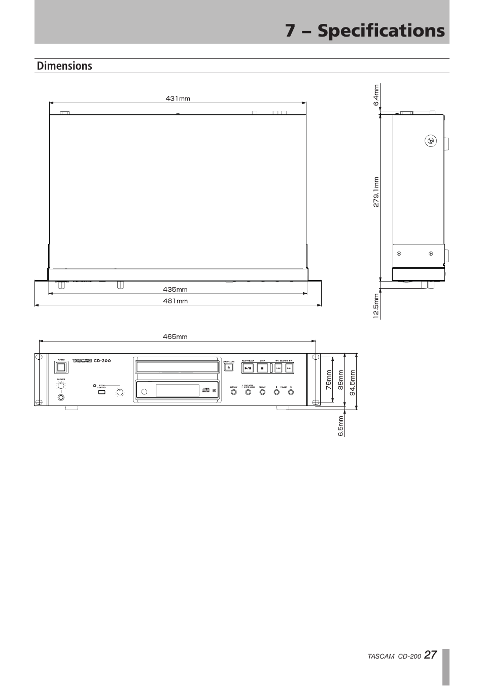 Dimensions, Important safety instructions, 7 − specifications | Teac CD-200 Rev.C User Manual | Page 27 / 28