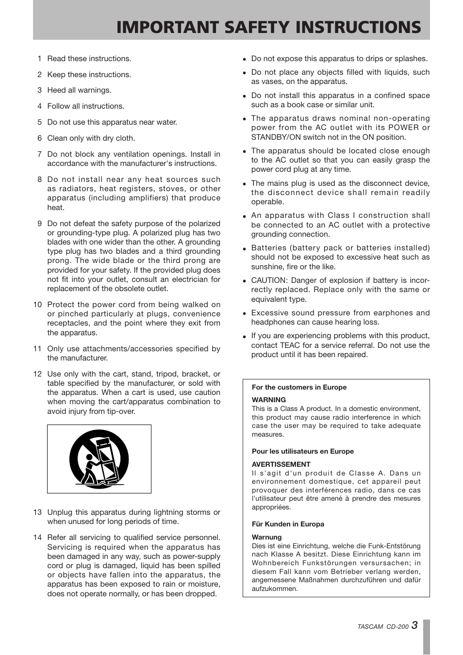 Important safety instructions | Teac CD-200 Rev.C User Manual | Page 3 / 28