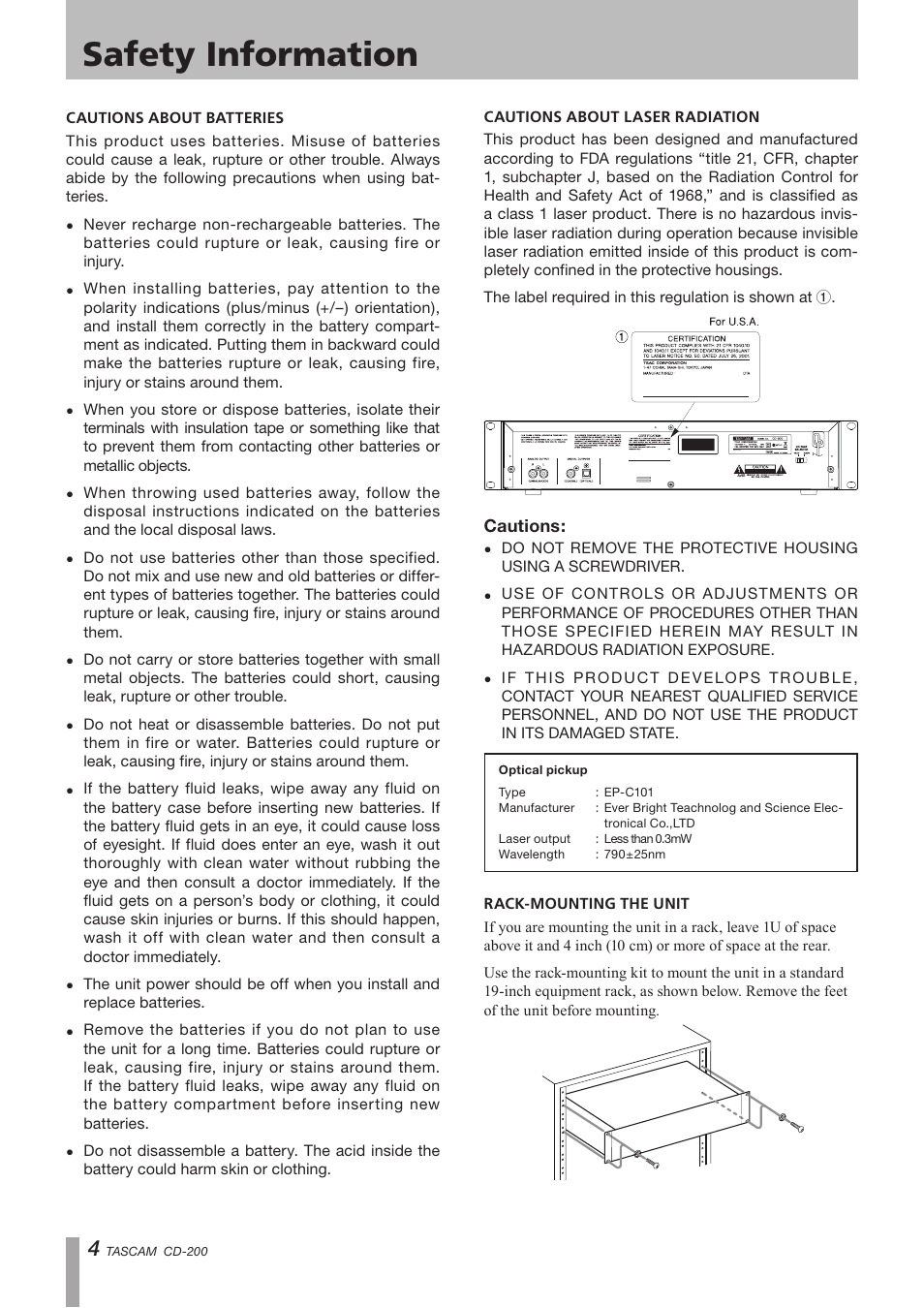 Safety information | Teac CD-200 Rev.C User Manual | Page 4 / 28