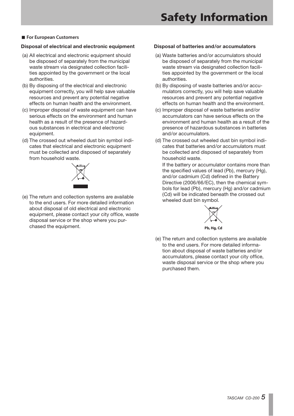 Safety information | Teac CD-200 Rev.C User Manual | Page 5 / 28