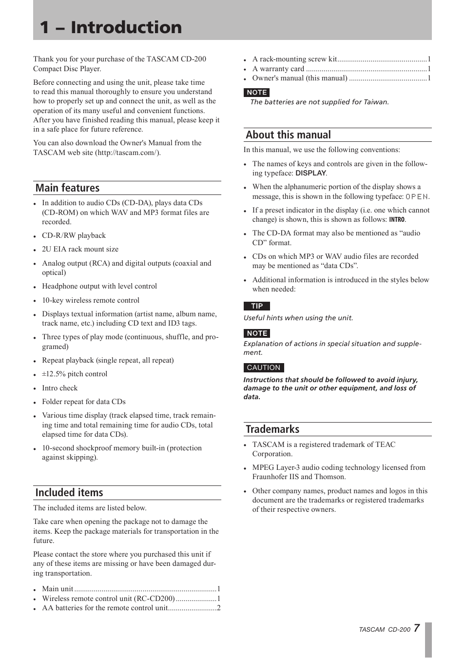 1 − introduction, Main features, Included items | About this manual, Trademarks | Teac CD-200 Rev.C User Manual | Page 7 / 28