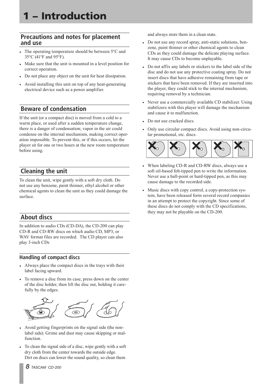 Precautions and notes for placement and use, Beware of condensation, Cleaning the unit | About discs, Handling of compact discs, 1 − introduction | Teac CD-200 Rev.C User Manual | Page 8 / 28