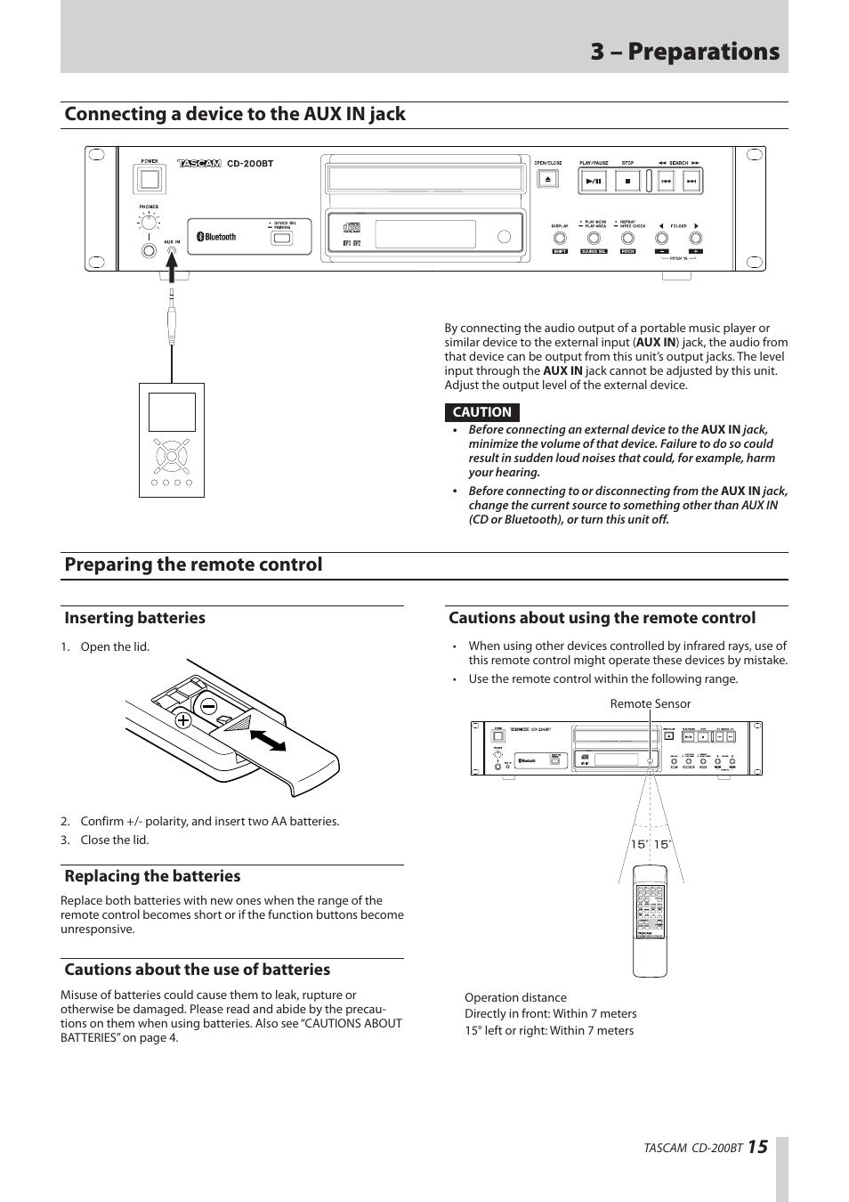 Connecting a device to the aux in jack, Preparing the remote control, Inserting batteries | Replacing the batteries, Cautions about the use of batteries, Cautions about using the remote control, 3 – preparations | Teac CD-200BT User Manual | Page 15 / 32