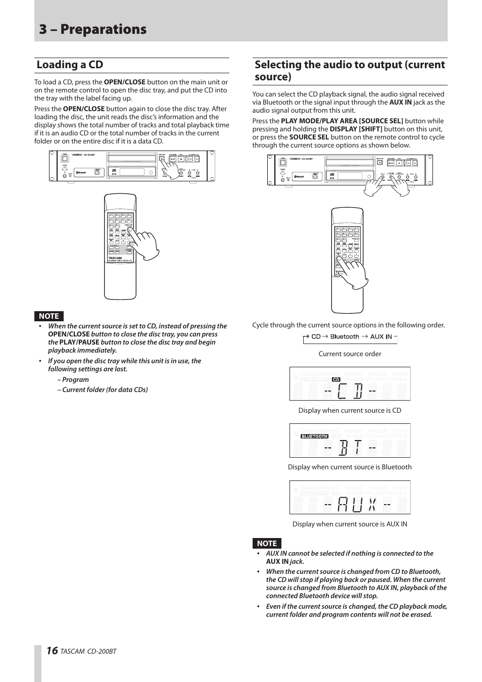 Loading a cd, Selecting the audio to output (current source), 3 – preparations | Teac CD-200BT User Manual | Page 16 / 32