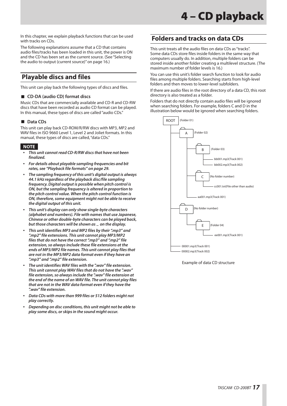 4 – cd playback, Playable discs and files, Folders and tracks on data cds | Teac CD-200BT User Manual | Page 17 / 32