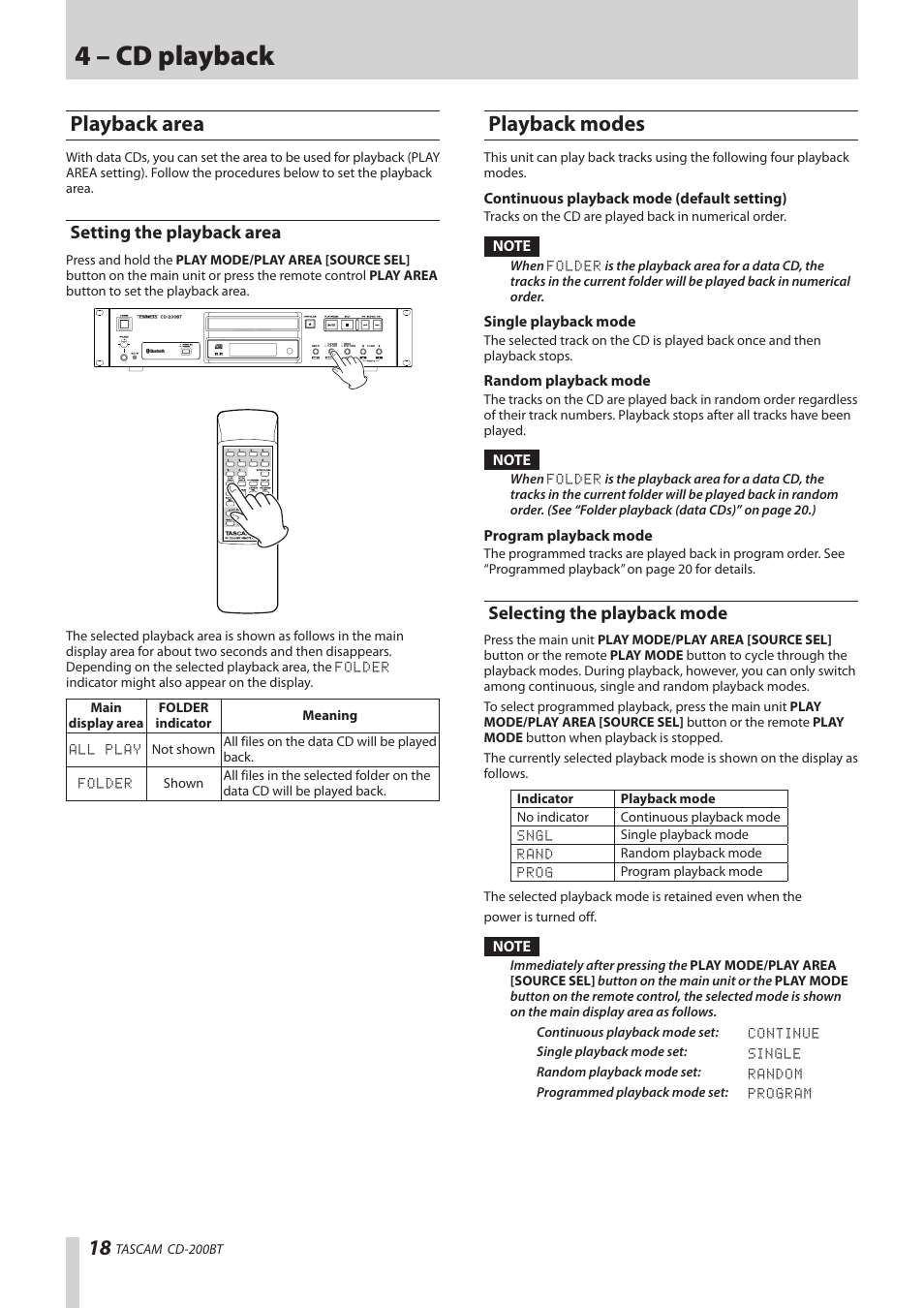 Playback area, Setting the playback area, Playback modes | Selecting the playback mode, See “setting the, 4 – cd playback | Teac CD-200BT User Manual | Page 18 / 32