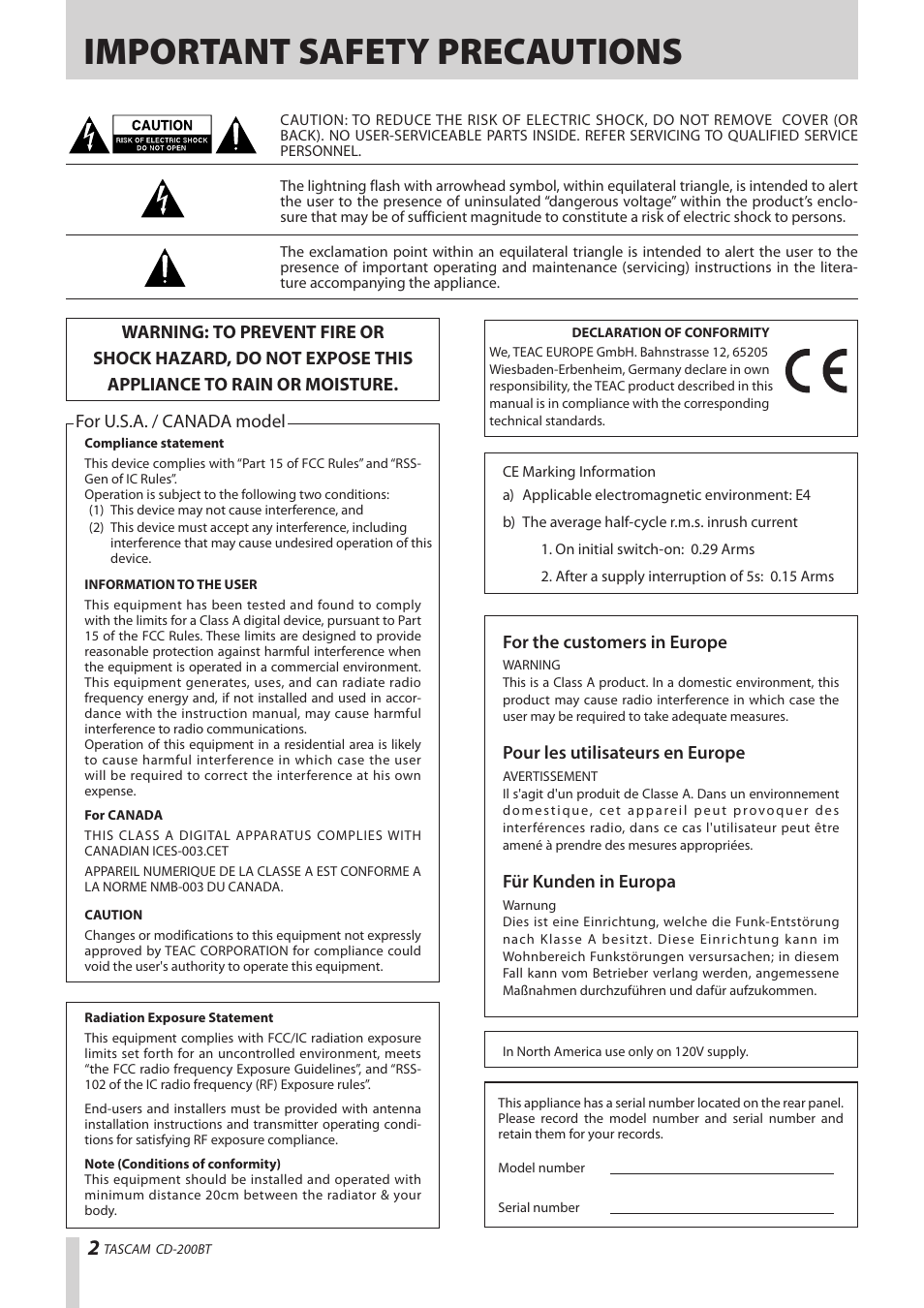 Important safety precautions, For u.s.a. / canada model, For the customers in europe | Pour les utilisateurs en europe, Für kunden in europa | Teac CD-200BT User Manual | Page 2 / 32