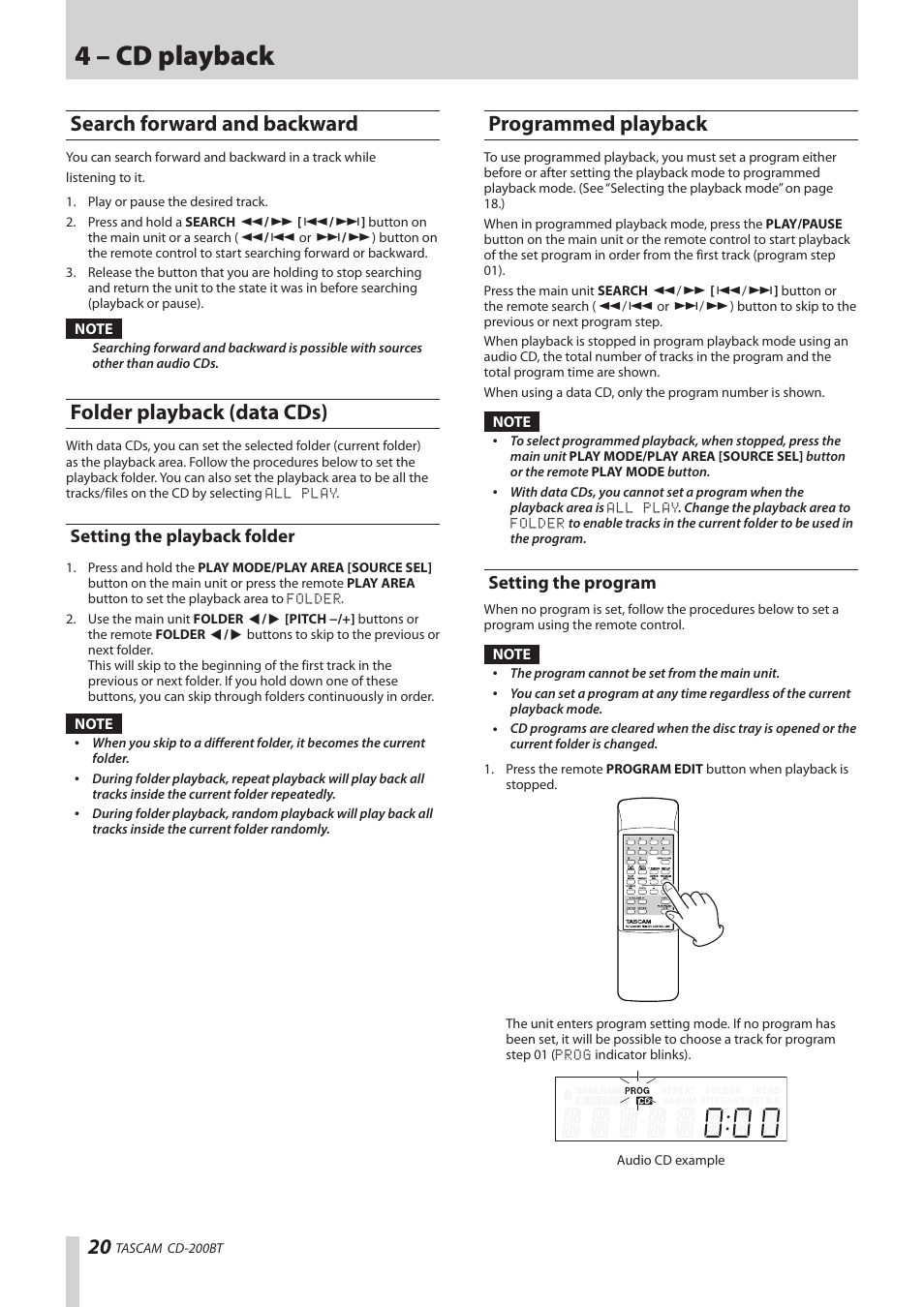 Search forward and backward, Folder playback (data cds), Setting the playback folder | Programmed playback, Setting the program, See “setting the playback, See “programmed, 4 – cd playback | Teac CD-200BT User Manual | Page 20 / 32