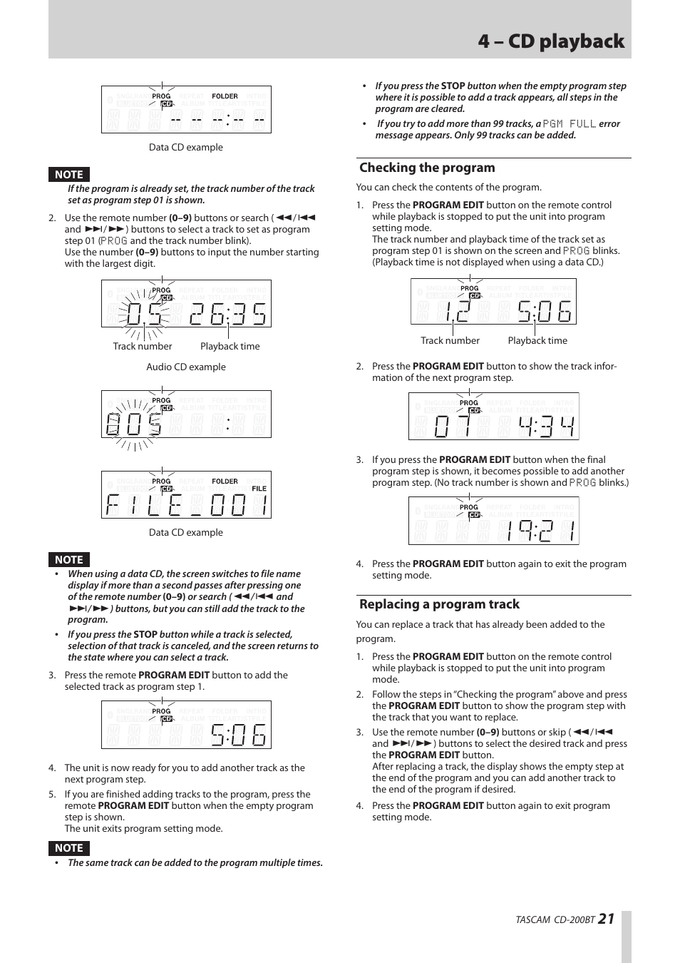 Checking the program, Replacing a program track, Checking the program replacing a program track | 4 – cd playback | Teac CD-200BT User Manual | Page 21 / 32