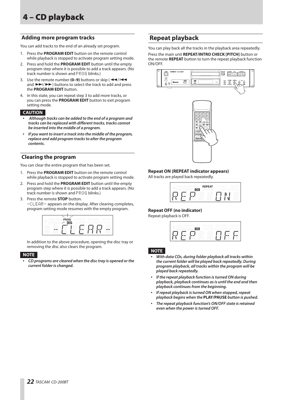 Adding more program tracks, Clearing the program, Repeat playback | Adding more program tracks clearing the program, 4 – cd playback | Teac CD-200BT User Manual | Page 22 / 32