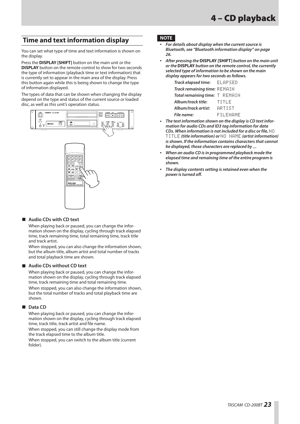 Time and text information display, 4 – cd playback | Teac CD-200BT User Manual | Page 23 / 32