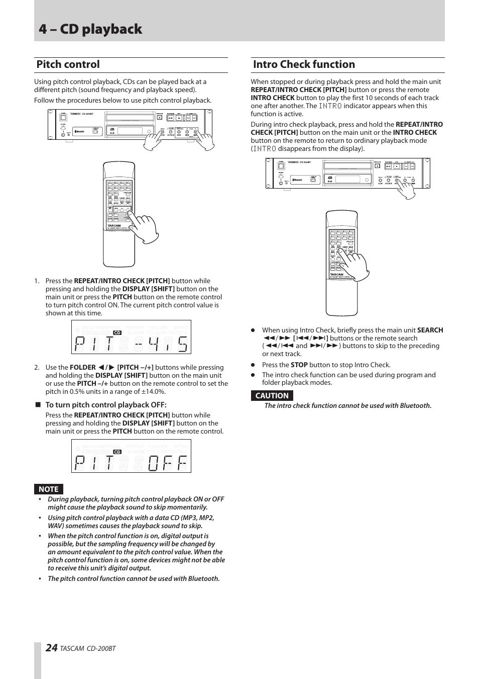 Pitch control, Intro check function, Pitch control intro check function | See “intro, See “pitch, See “intro check, 4 – cd playback | Teac CD-200BT User Manual | Page 24 / 32