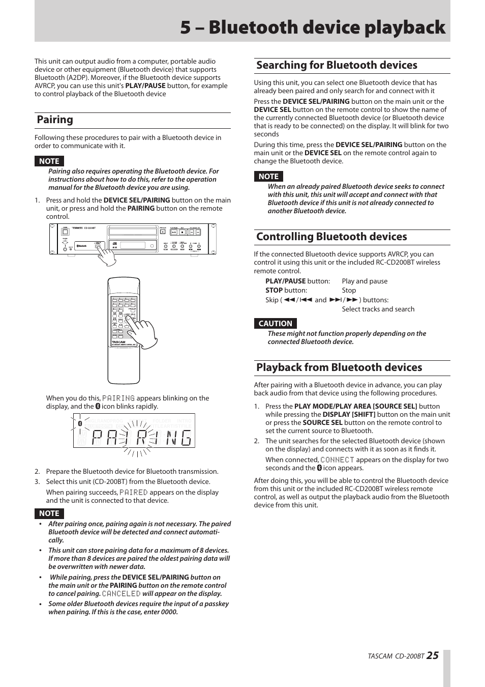 5 – bluetooth device playback, Pairing, Searching for bluetooth devices | Controlling bluetooth devices, Playback from bluetooth devices, Ooth. (see “searching for bluetooth | Teac CD-200BT User Manual | Page 25 / 32