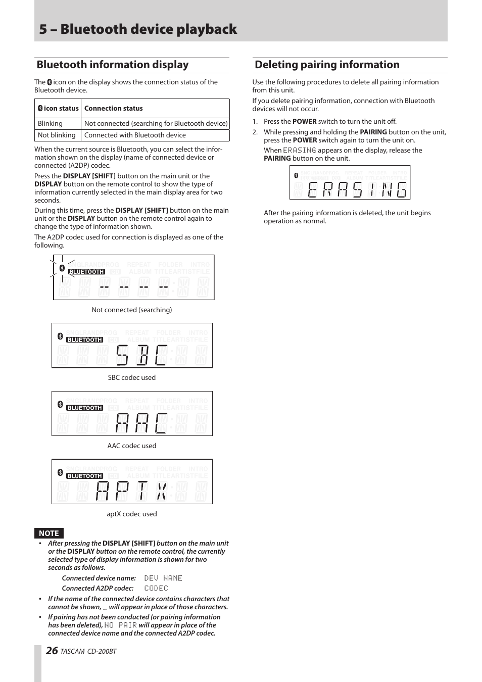 Bluetooth information display, Deleting pairing information, 5 – bluetooth device playback | Teac CD-200BT User Manual | Page 26 / 32