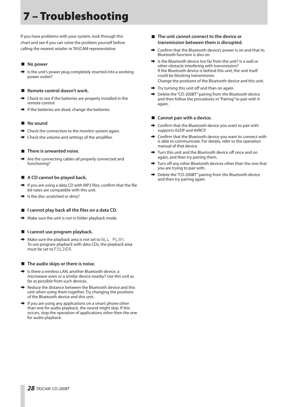 7 – troubleshooting | Teac CD-200BT User Manual | Page 28 / 32