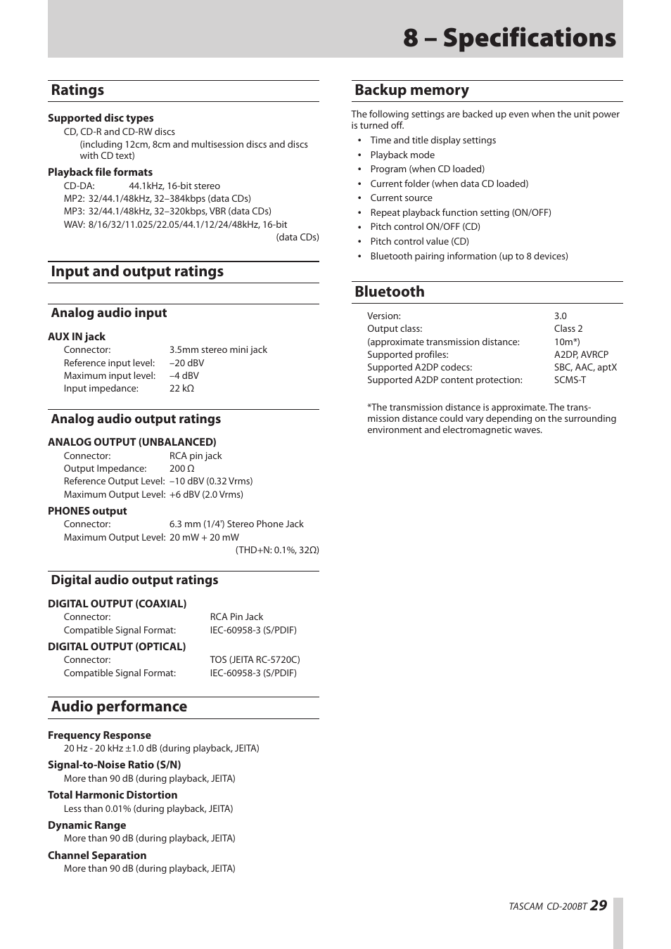 8 – specifications, Ratings, Input and output ratings | Analog audio input, Analog audio output ratings, Digital audio output ratings, Audio performance, Backup memory, Bluetooth, Ratings input and output ratings | Teac CD-200BT User Manual | Page 29 / 32