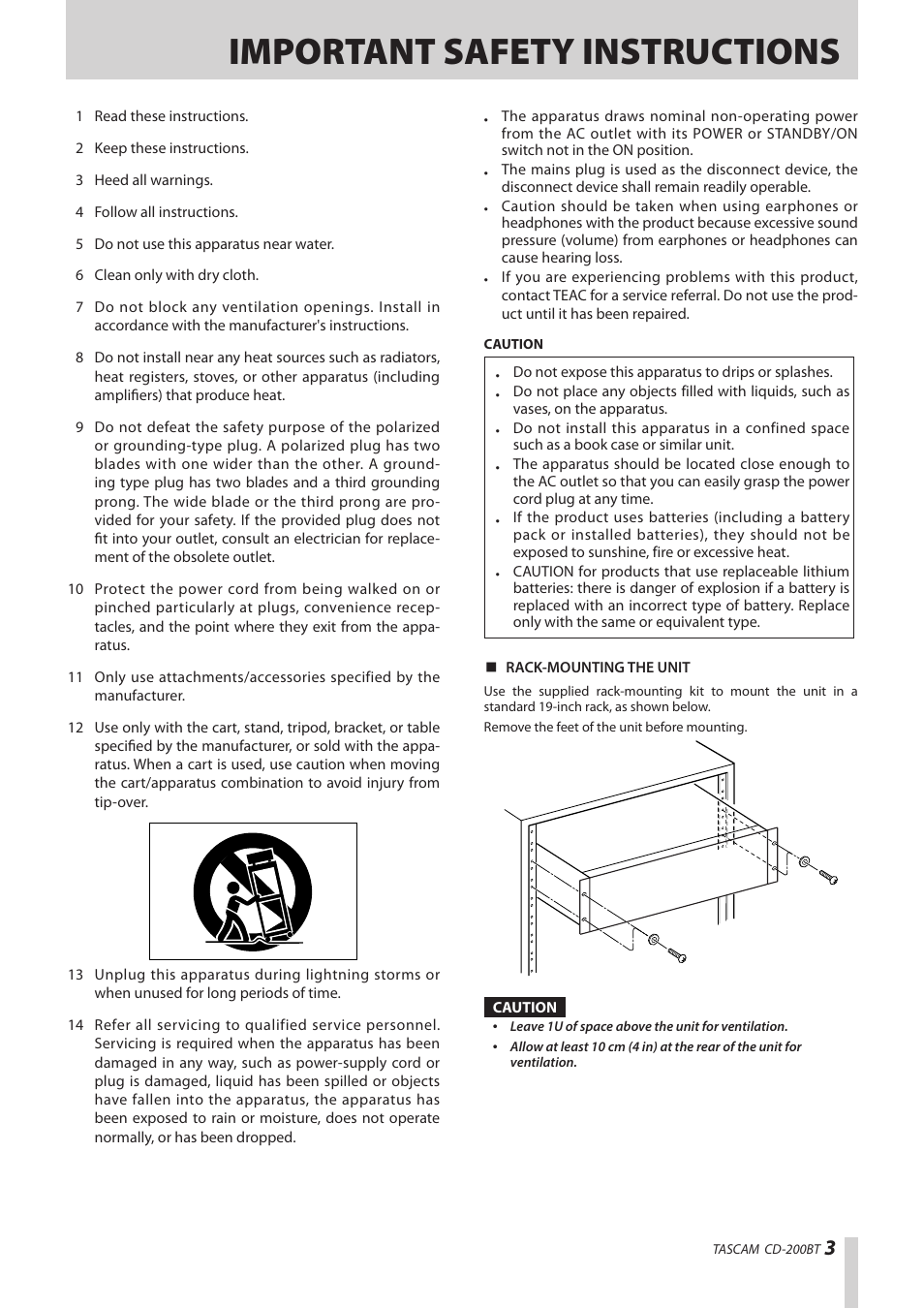 Important safety instructions | Teac CD-200BT User Manual | Page 3 / 32