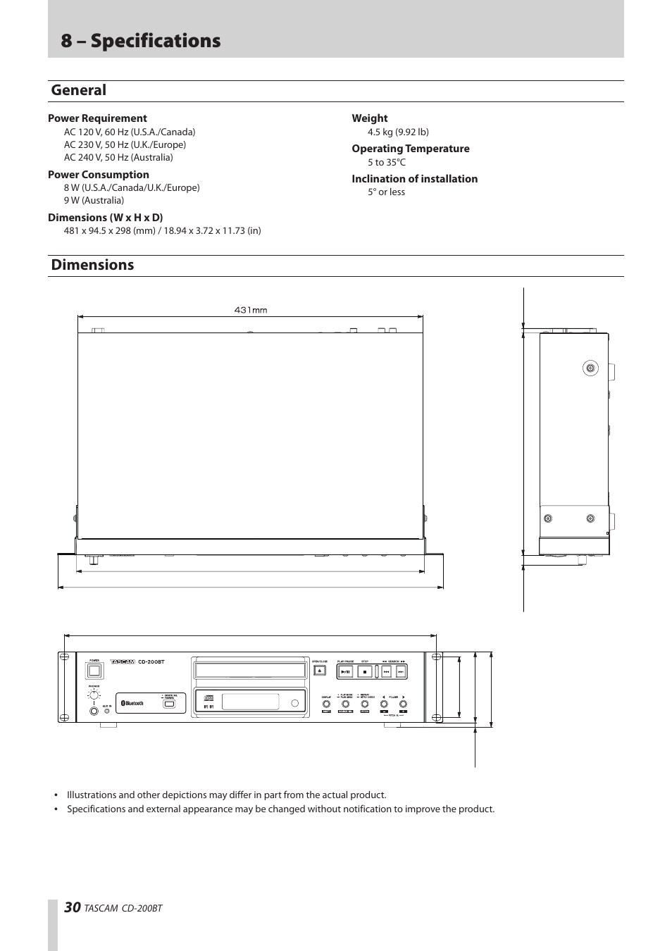 General, Dimensions, General dimensions | 8 – specifications | Teac CD-200BT User Manual | Page 30 / 32