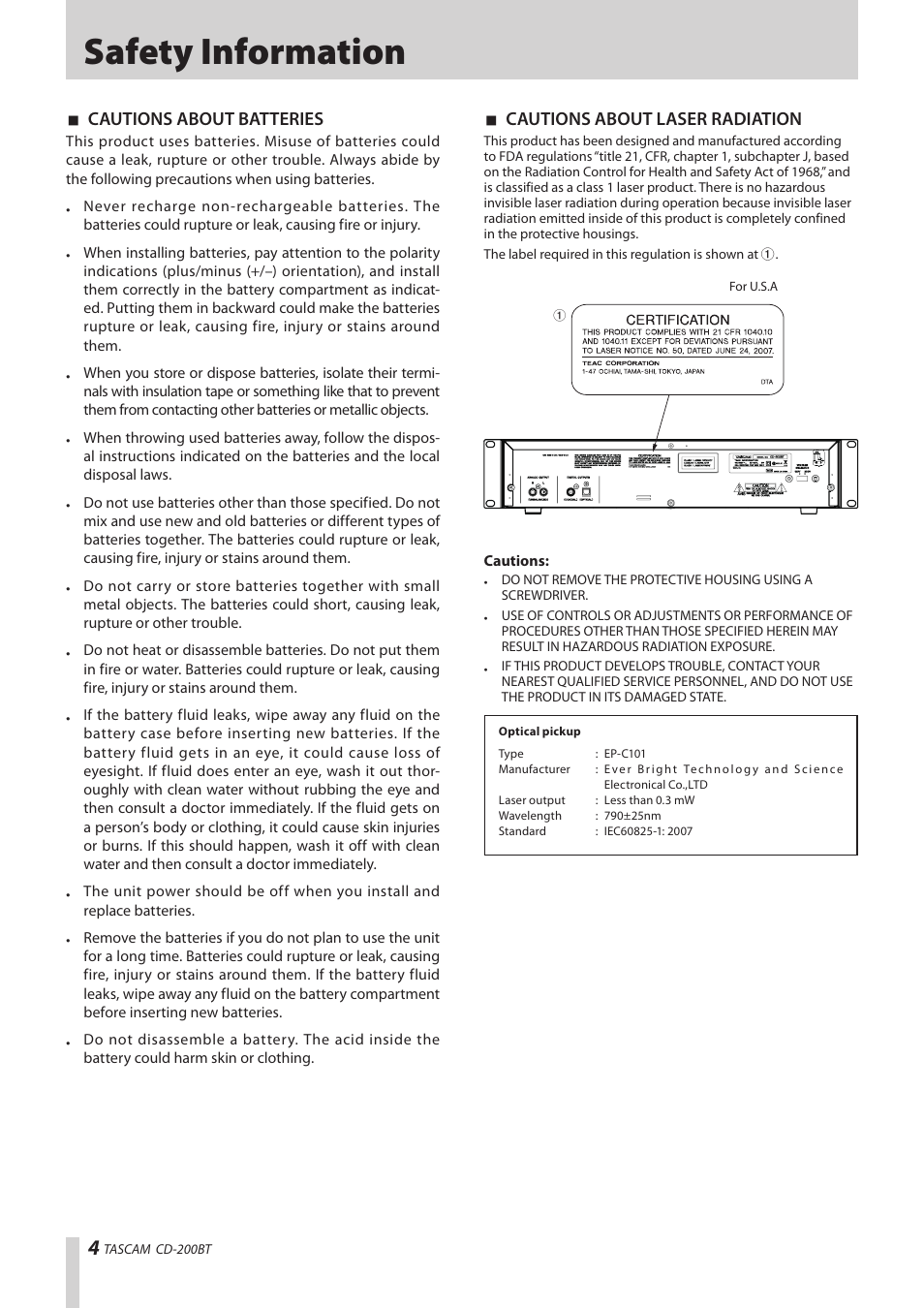 Safety information, Cautions about batteries, Cautions about laser radiation | Teac CD-200BT User Manual | Page 4 / 32