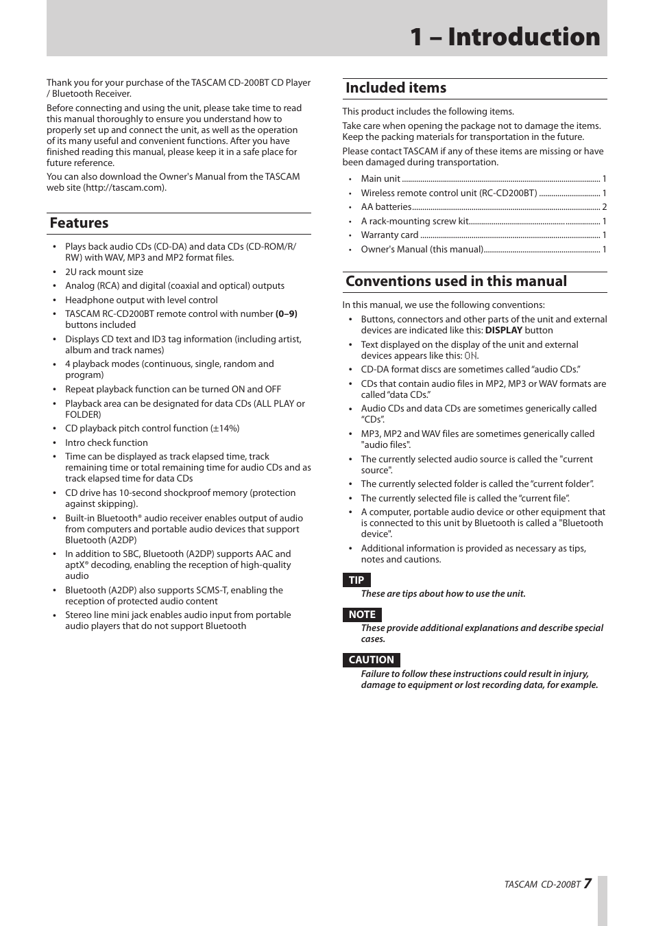 1 – introduction, Features, Included items | Conventions used in this manual | Teac CD-200BT User Manual | Page 7 / 32