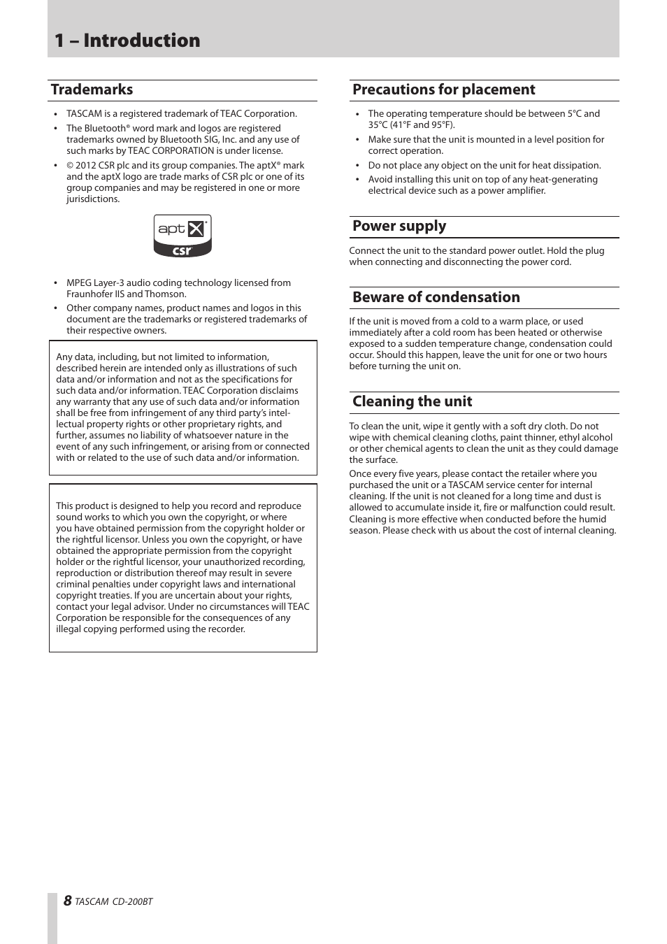 Trademarks, Precautions for placement, Power supply | Beware of condensation, Cleaning the unit, 1 – introduction | Teac CD-200BT User Manual | Page 8 / 32