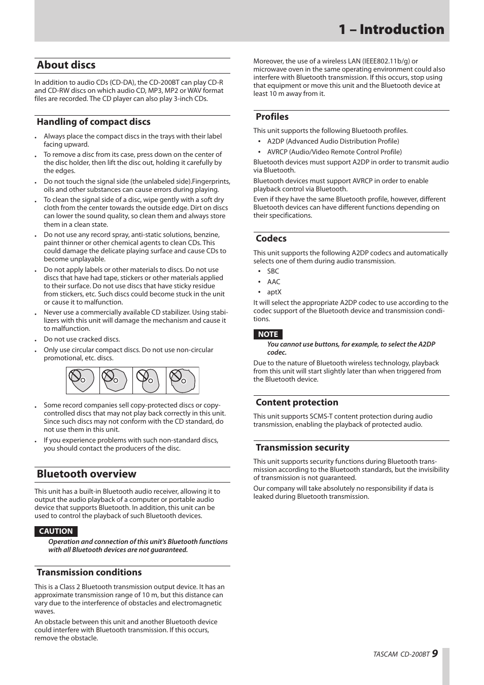 About discs, Handling of compact discs, Bluetooth overview | Transmission conditions, Profiles, Codecs, Content protection, Transmission security, 1 – introduction | Teac CD-200BT User Manual | Page 9 / 32