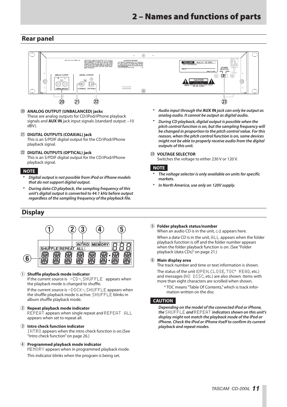 Rear panel, Display, 2 – names and functions of parts | Teac CD-200IL User Manual | Page 11 / 32