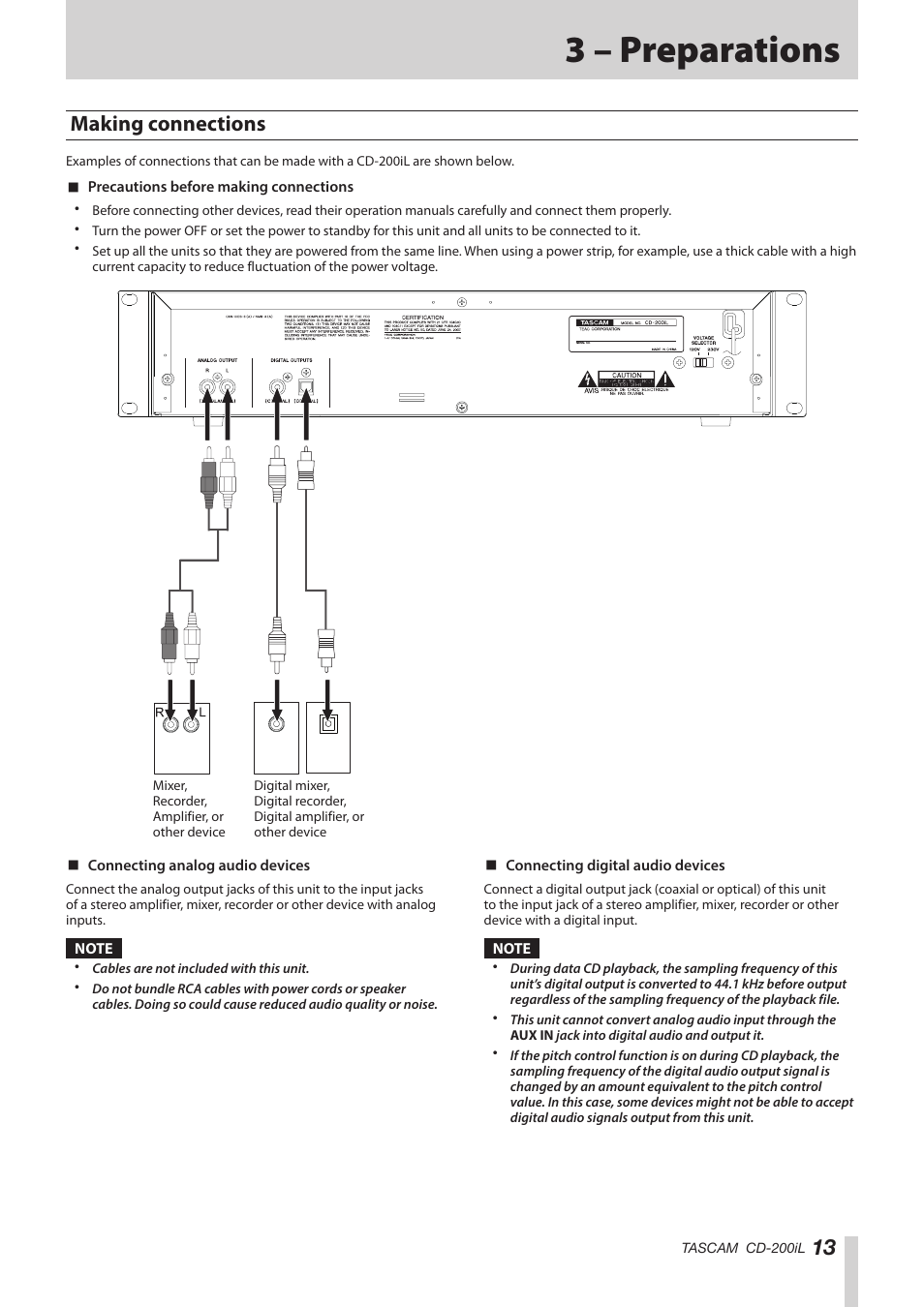 3 – preparations, Making connections | Teac CD-200IL User Manual | Page 13 / 32