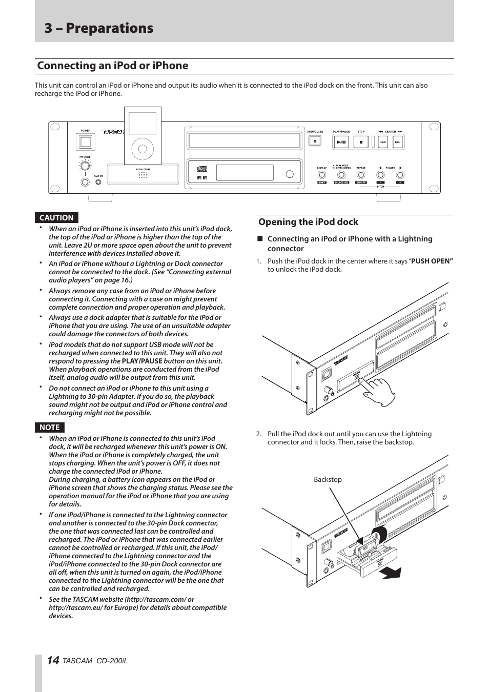 Connecting an ipod or iphone, Opening the ipod dock, 3 – preparations | Teac CD-200IL User Manual | Page 14 / 32