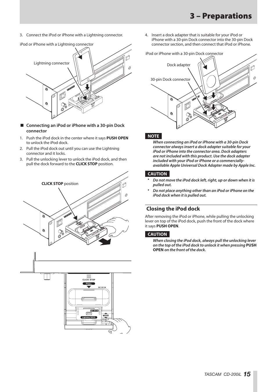 Closing the ipod dock, 3 – preparations | Teac CD-200IL User Manual | Page 15 / 32