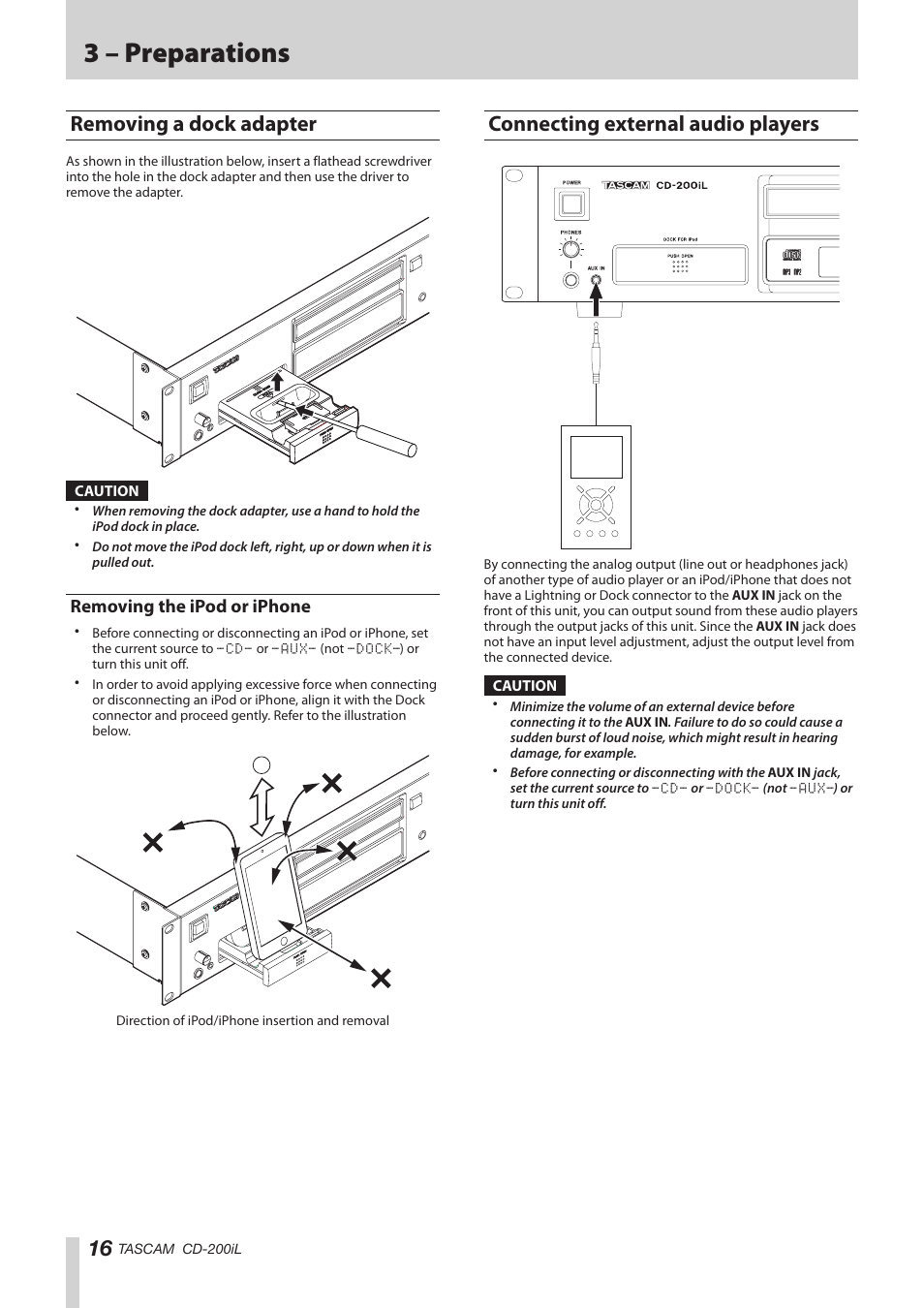 Removing a dock adapter, Removing the ipod or iphone, Connecting external audio players | 3 – preparations | Teac CD-200IL User Manual | Page 16 / 32