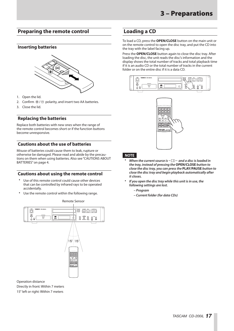 Preparing the remote control, Inserting batteries, Replacing the batteries | Cautions about the use of batteries, Cautions about using the remote control, Loading a cd, 3 – preparations | Teac CD-200IL User Manual | Page 17 / 32