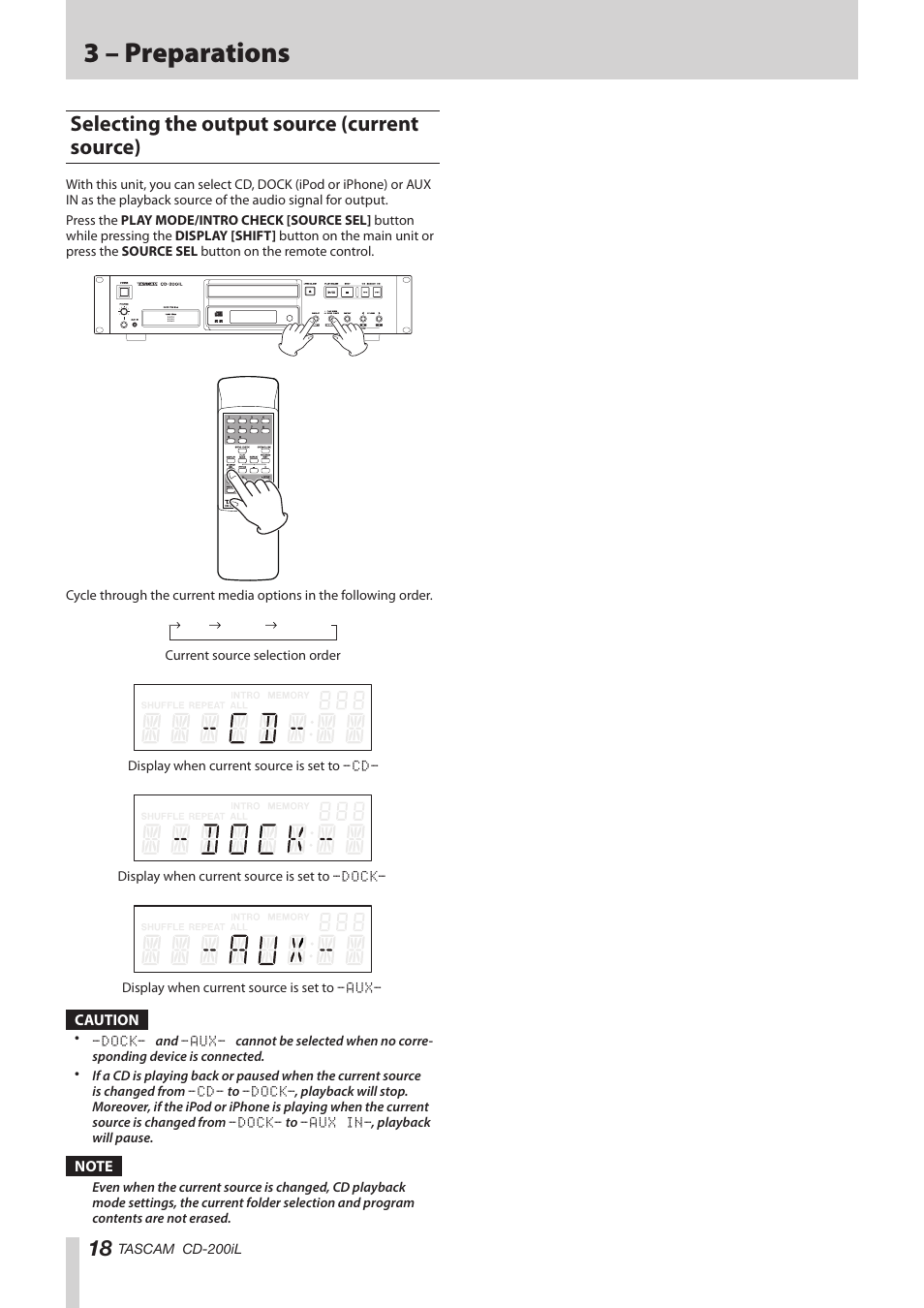 Selecting the output source (current source), 3 – preparations | Teac CD-200IL User Manual | Page 18 / 32