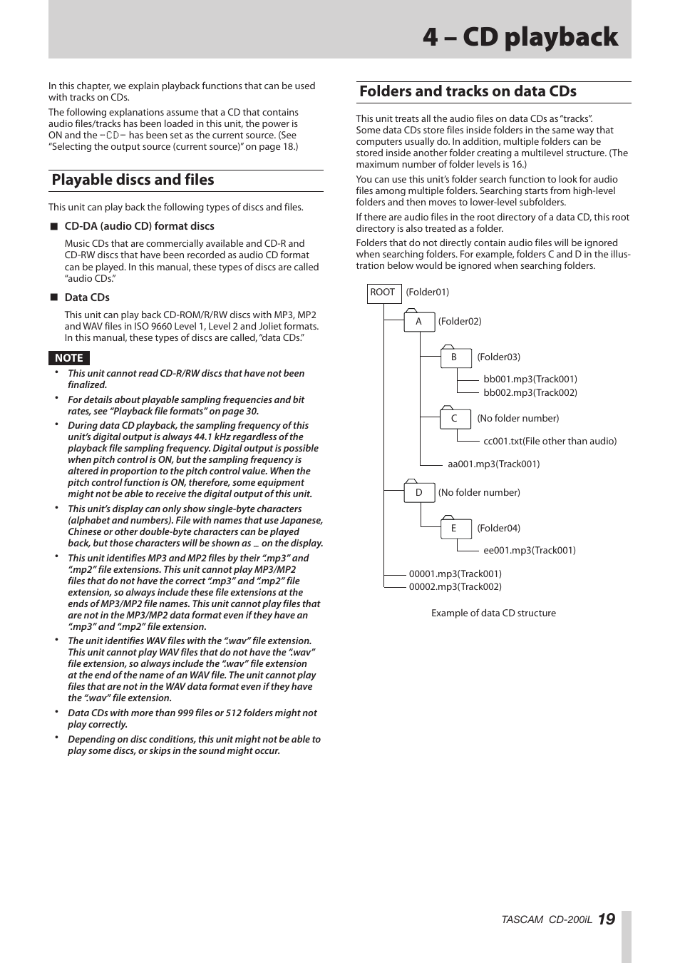 4 – cd playback, Playable discs and files, Folders and tracks on data cds | Teac CD-200IL User Manual | Page 19 / 32