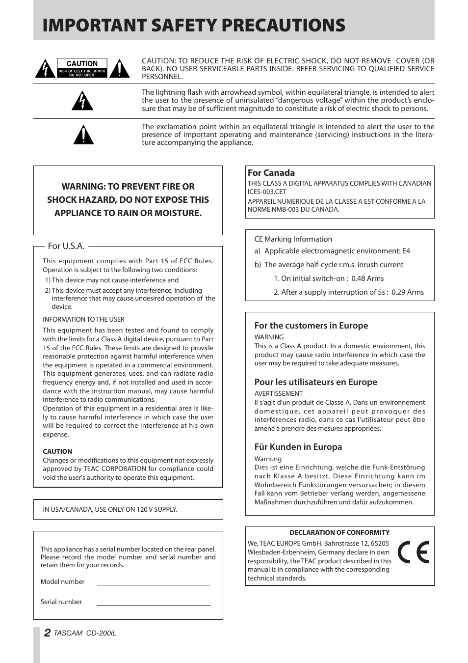 Important safety precautions | Teac CD-200IL User Manual | Page 2 / 32