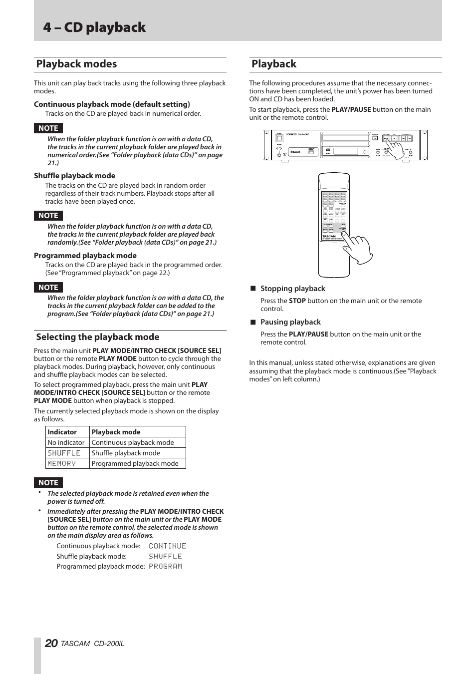 Playback modes, Selecting the playback mode, Playback | 4 – cd playback | Teac CD-200IL User Manual | Page 20 / 32