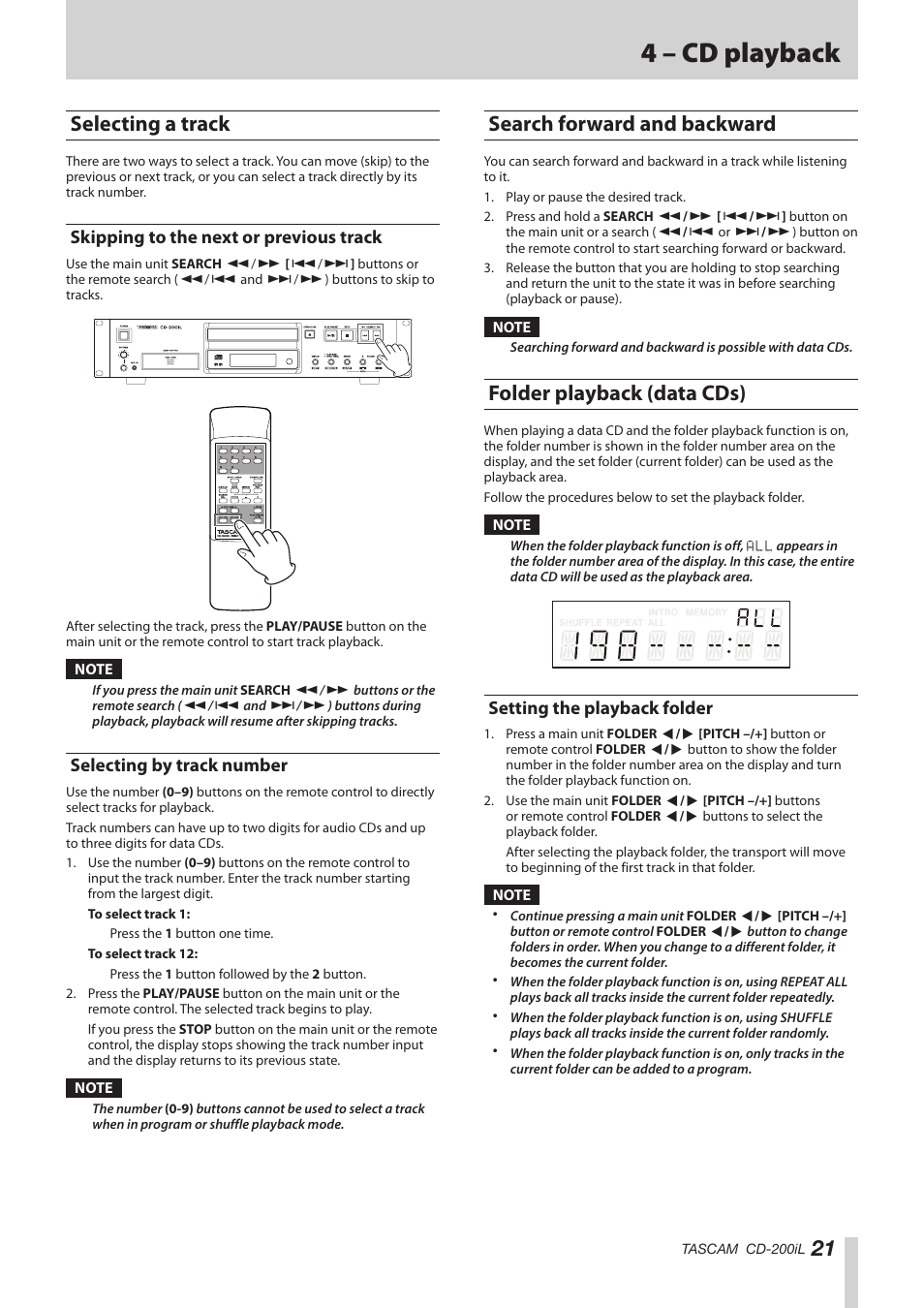 Selecting a track, Skipping to the next or previous track, Selecting by track number | Search forward and backward, Folder playback (data cds), Setting the playback folder, 4 – cd playback | Teac CD-200IL User Manual | Page 21 / 32