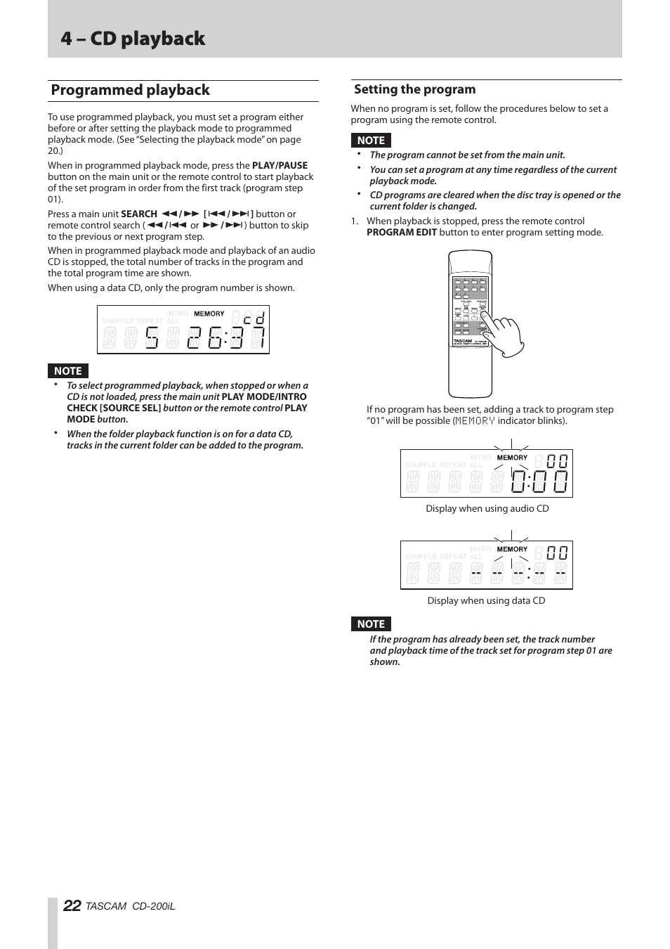 Programmed playback, Setting the program, 4 – cd playback | Teac CD-200IL User Manual | Page 22 / 32