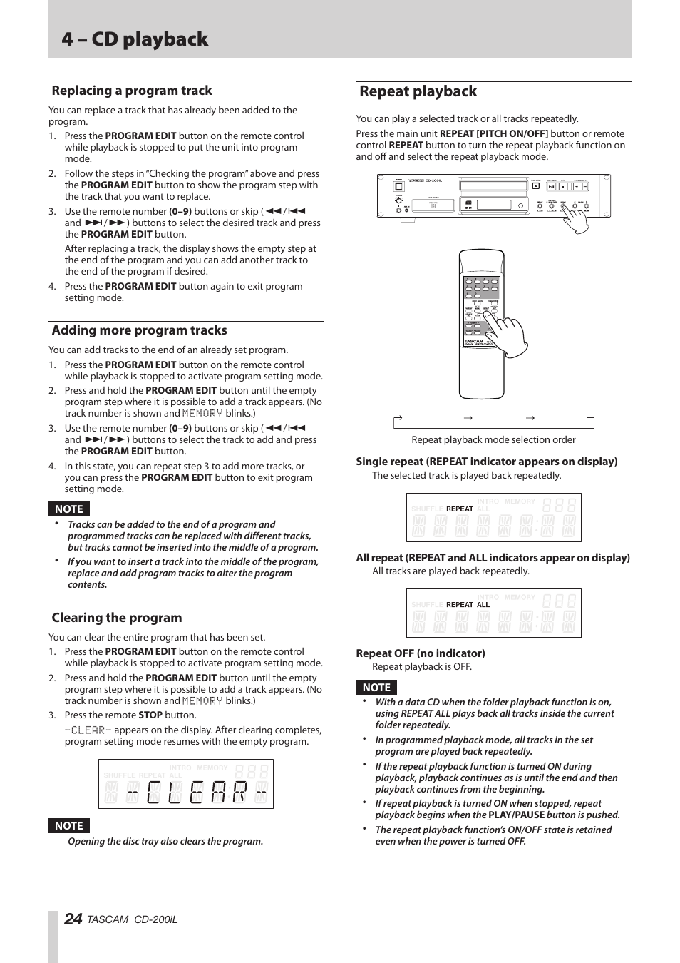 Replacing a program track, Adding more program tracks, Clearing the program | Repeat playback, 4 – cd playback | Teac CD-200IL User Manual | Page 24 / 32