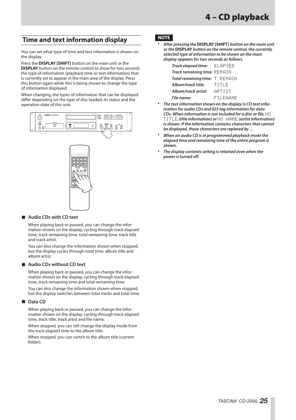 Time and text information display, 4 – cd playback | Teac CD-200IL User Manual | Page 25 / 32