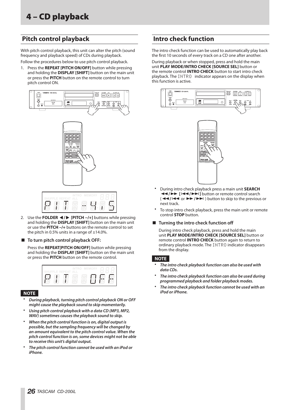 Pitch control playback, Intro check function, 4 – cd playback | Teac CD-200IL User Manual | Page 26 / 32